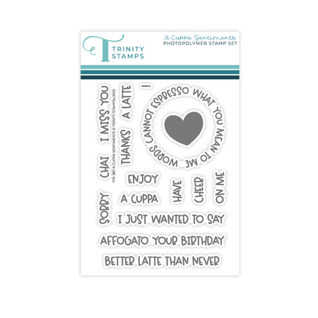 Trinity Stamps sentiment stamp set with various coffee-themed phrases and a heart symbol on a white background.